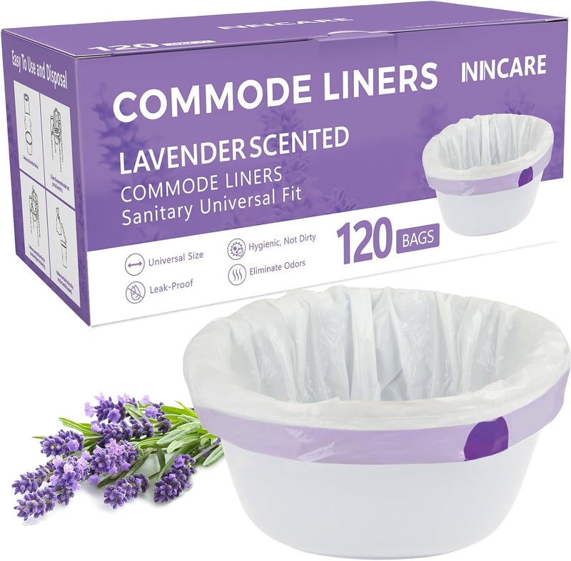 ININCARE Commode Liners for Bedside Commode, Portable Toilet, potty, Bed Pan, 120 Count Lavender Scented Disposable Potty Chair Liners & Portable Toilet Bags, Fit Most Standard Toilet Chair Bucket - Image 1